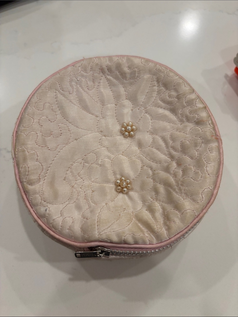 Vintage Quilted Pearl Accent Round Cosmetic Case - Pinkish Cream